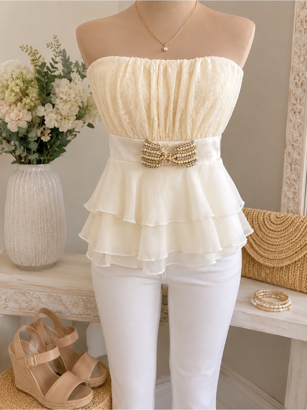 NWOT Maurices Cream Lace Strapless Peplum Top Rhinestone Waist”